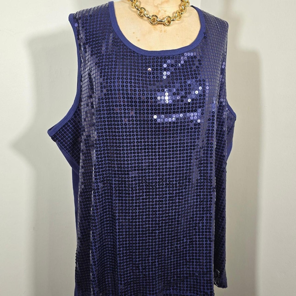 Denim 24/7 4X navy blue sequin front sleeveless top